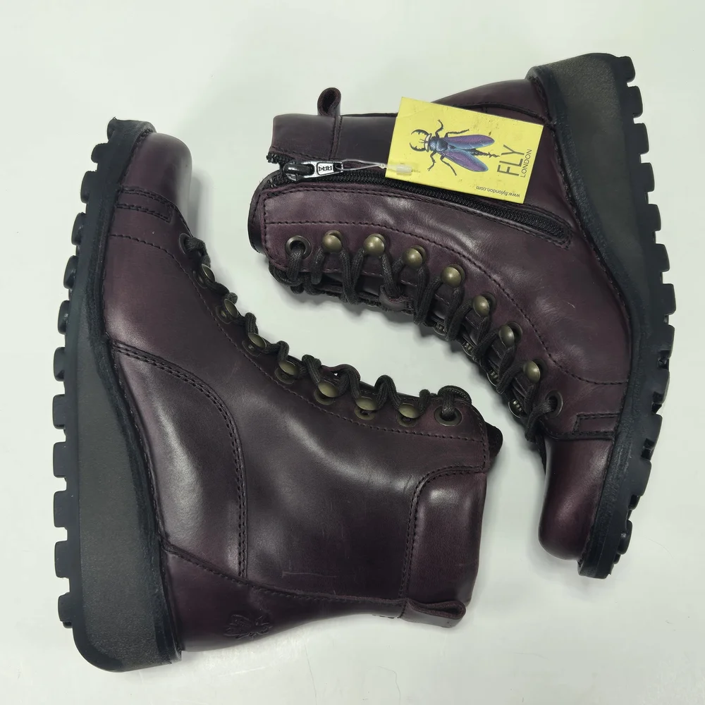 Fly London MALU001FLY Burgundy Purple Combat Hiking Ankle Boots Size EU 35 US 4